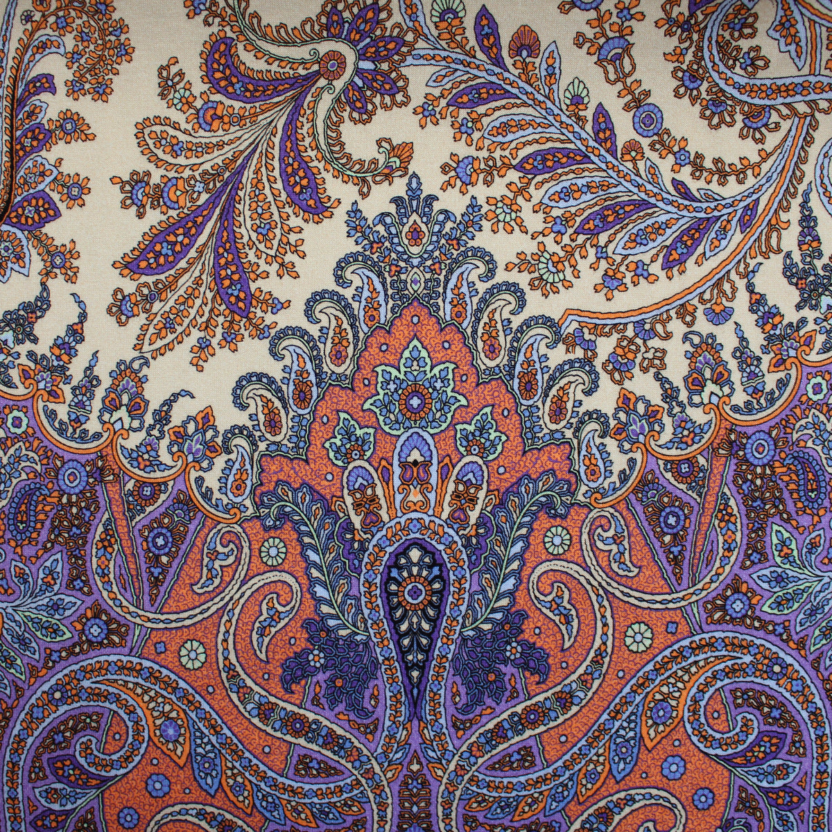 jersey, cotton knit bordered panel print 'paisley scroll' - purple/peach