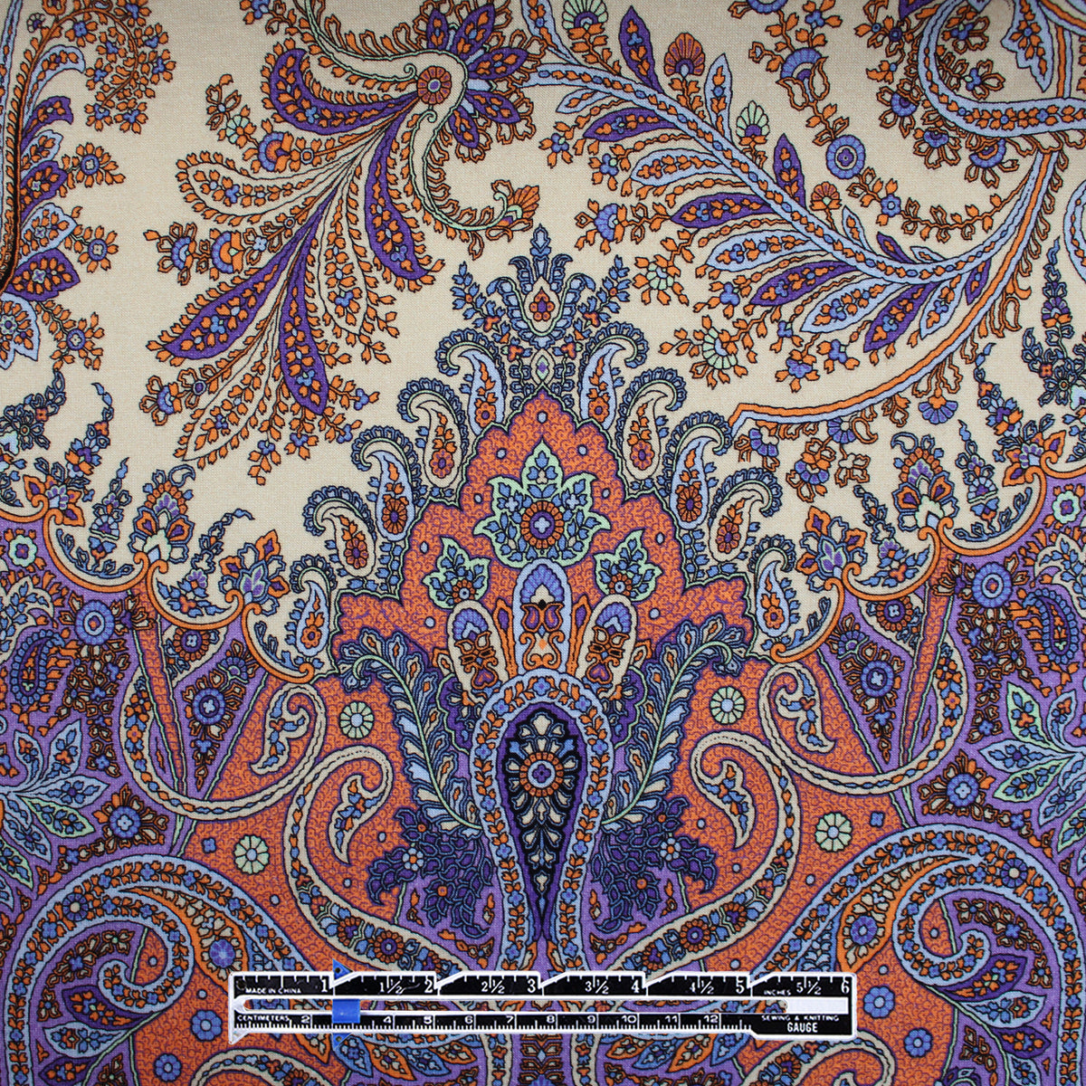 jersey, cotton knit bordered panel print 'paisley scroll' - purple/peach