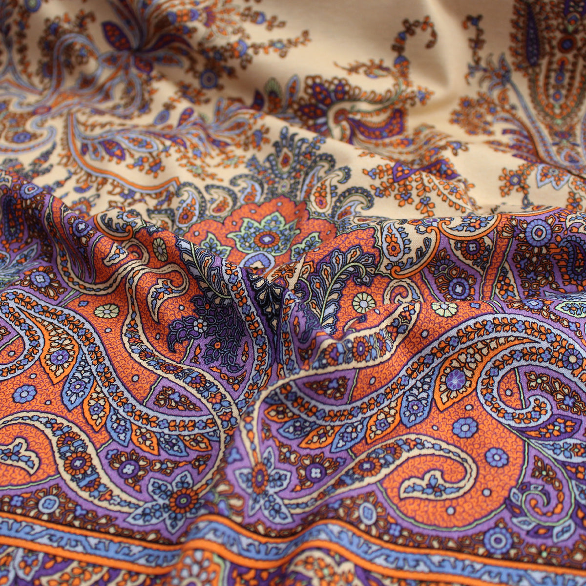 jersey, cotton knit bordered panel print 'paisley scroll' - purple/peach