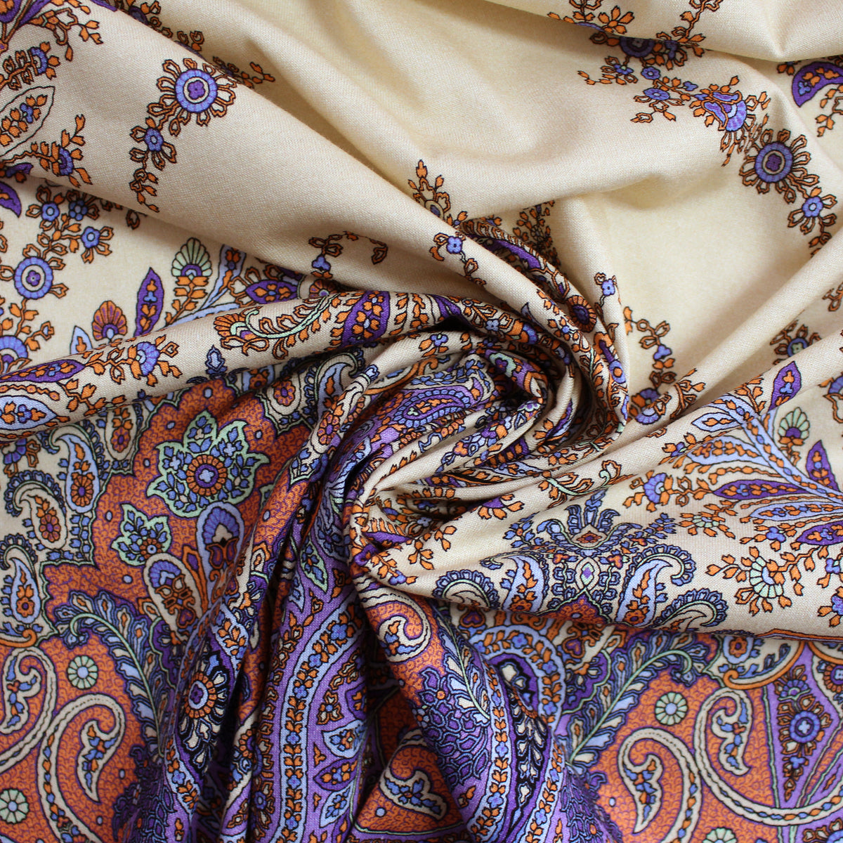 jersey, cotton knit bordered panel print 'paisley scroll' - purple/peach