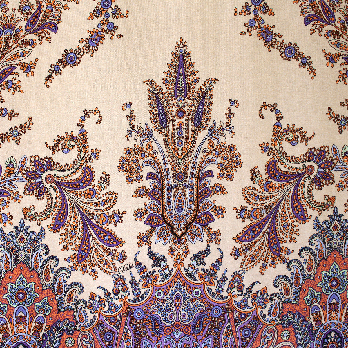 jersey, cotton knit bordered panel print 'paisley scroll' - purple/peach