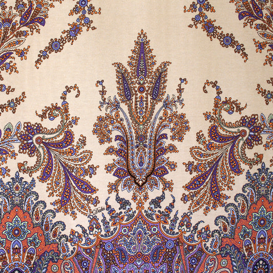jersey, cotton knit bordered panel print 'paisley scroll' - purple/peach