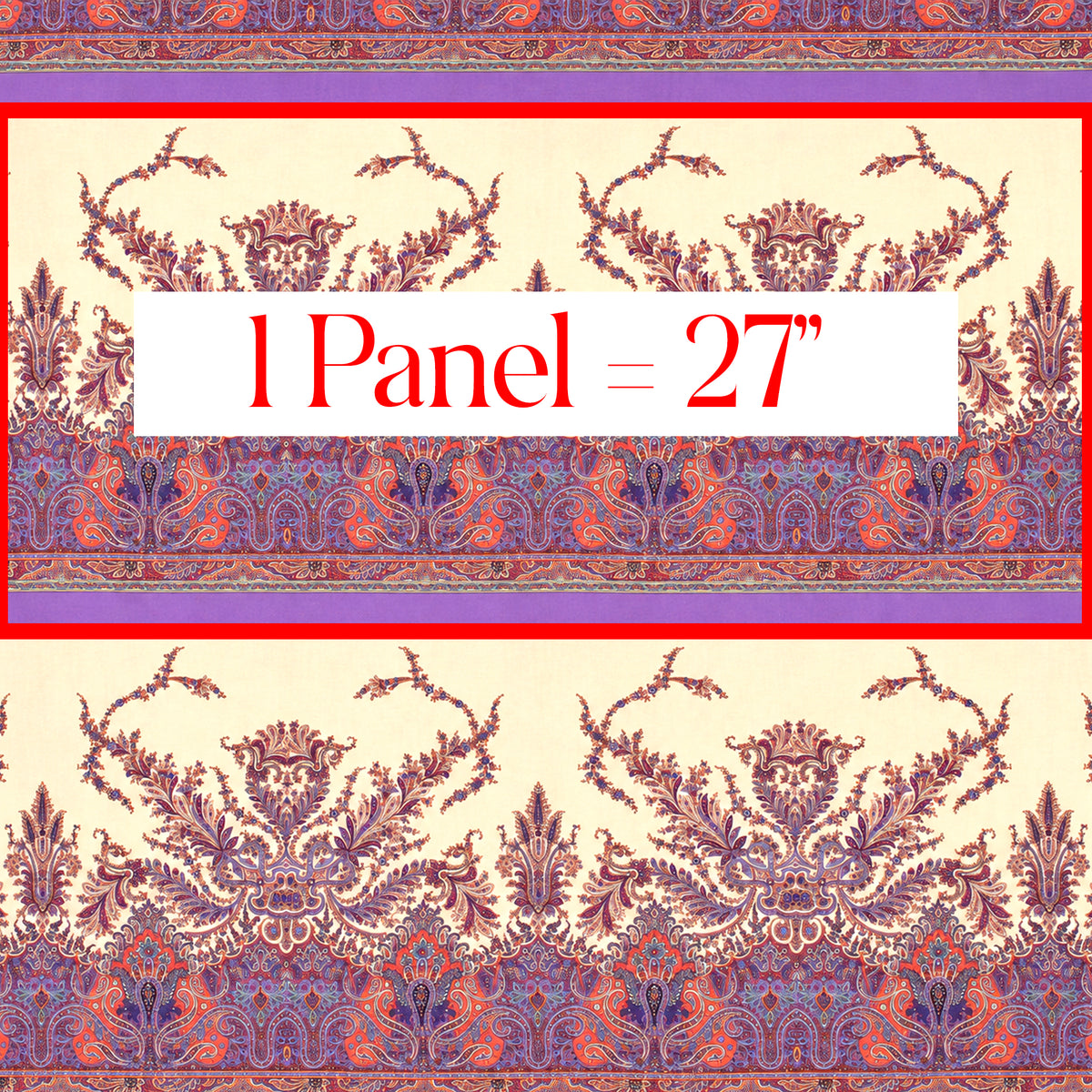 jersey, cotton knit bordered panel print 'paisley scroll' - purple/peach