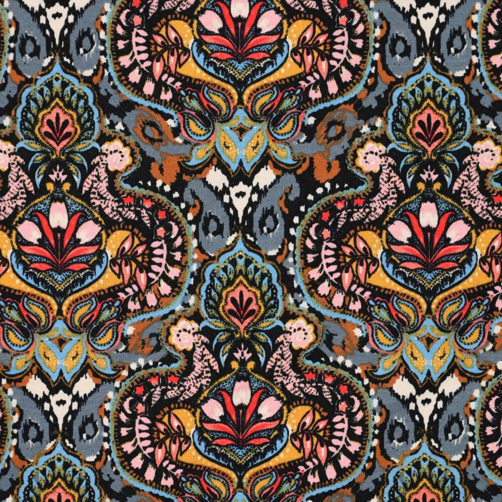 'persian flowers' drapey viscose blend knit, Oeko-Tex cert.