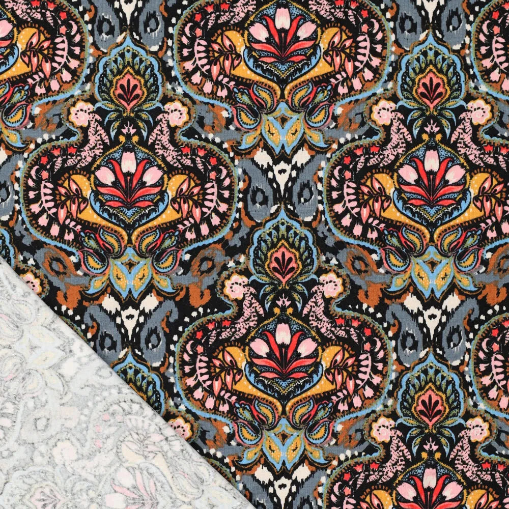 'persian flowers' drapey viscose blend knit, Oeko-Tex cert.