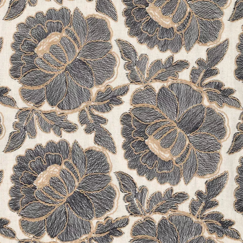 'cabbage rose' embroidered dressweight canvas - soft black on natural