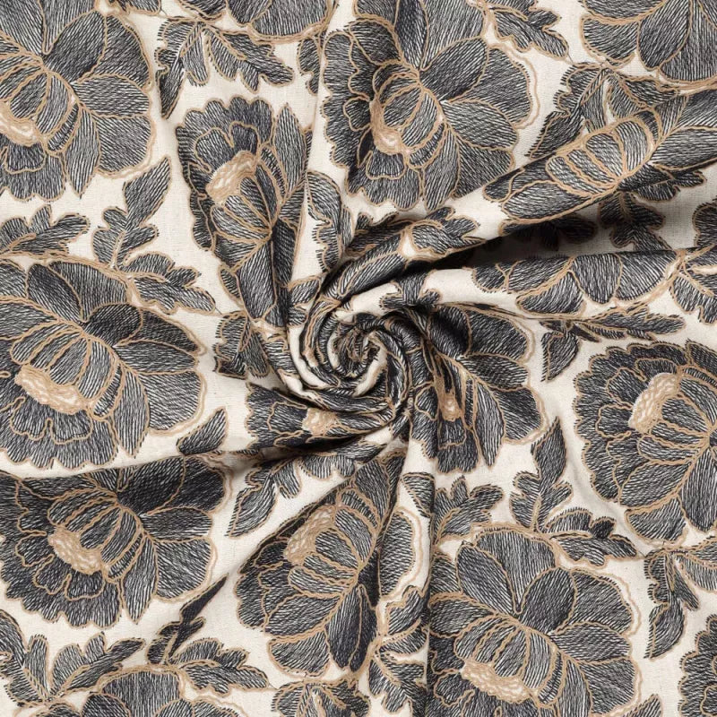 'cabbage rose' embroidered dressweight canvas - soft black on natural