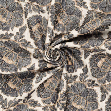 'cabbage rose' embroidered dressweight canvas - soft black on natural