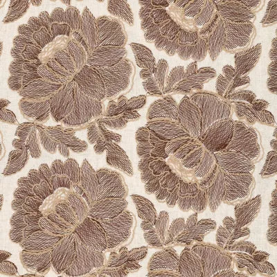 'cabbage rose' embroidered dressweight canvas - chestnut on natural