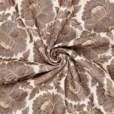 'cabbage rose' embroidered dressweight canvas - chestnut on natural