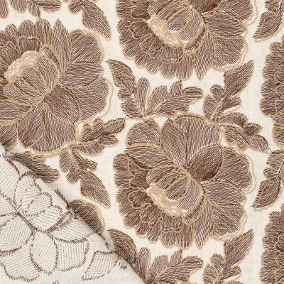 'cabbage rose' embroidered dressweight canvas - chestnut on natural
