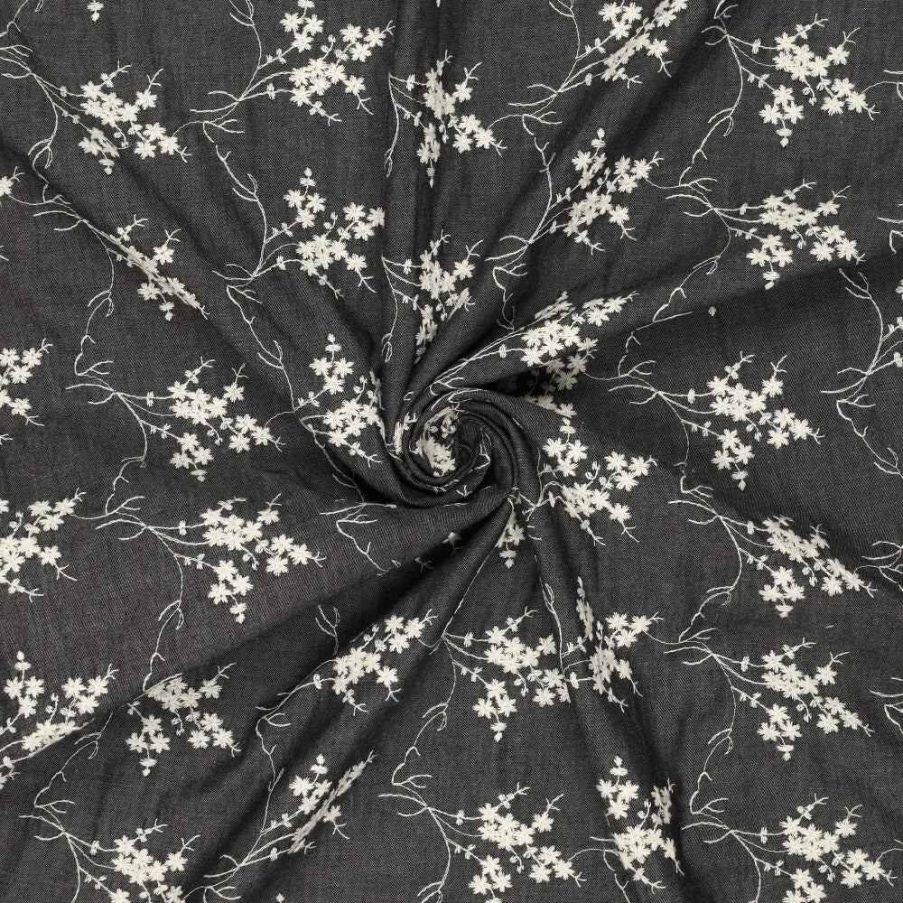'baby's breath' embroidered lightweight denim - soft black