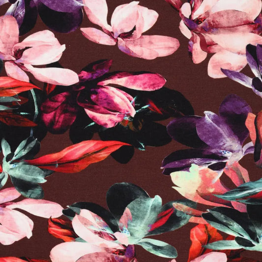 'blooms on chocolate' viscose knit, Oeko-Tex cert.