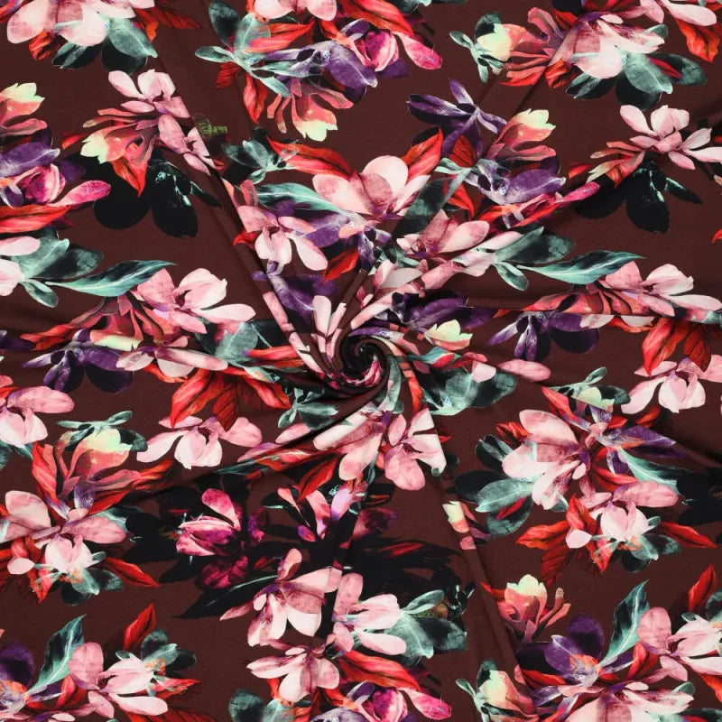 'blooms on chocolate' viscose knit, Oeko-Tex cert.