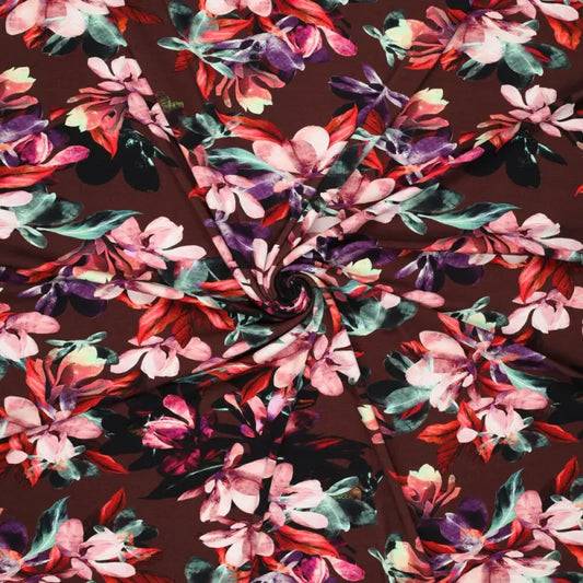 'blooms on chocolate' viscose knit, Oeko-Tex cert.