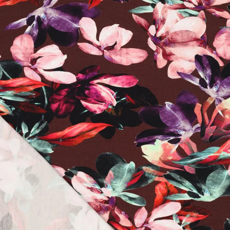 'blooms on chocolate' viscose knit, Oeko-Tex cert.