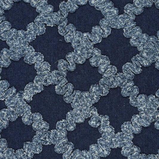 'ruffled lattice' all-cotton dimensional novelty denim, Oeko-Tex cert.