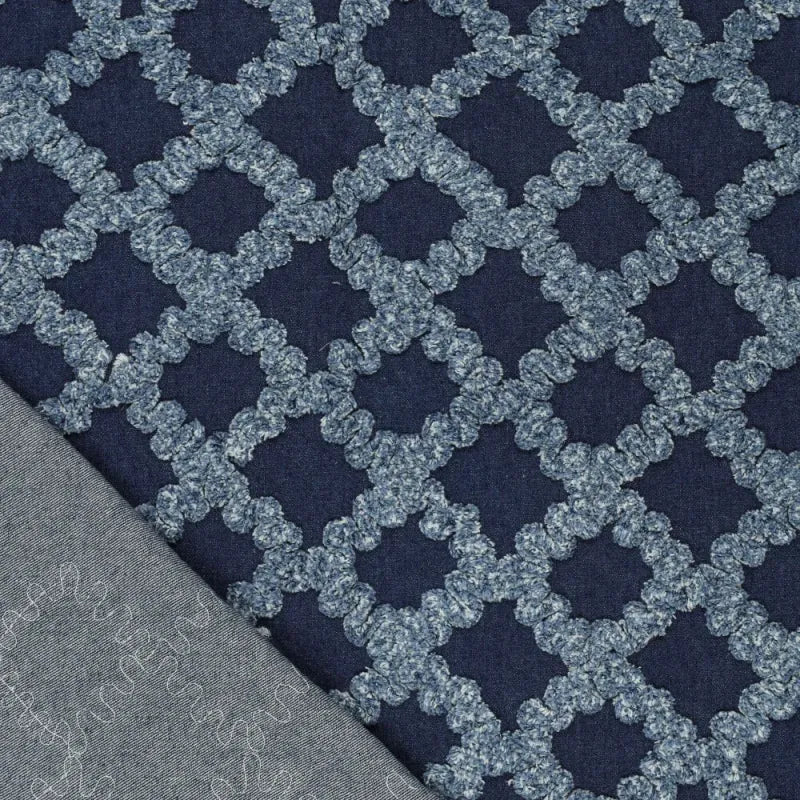 'ruffled lattice' all-cotton dimensional novelty denim, Oeko-Tex cert.