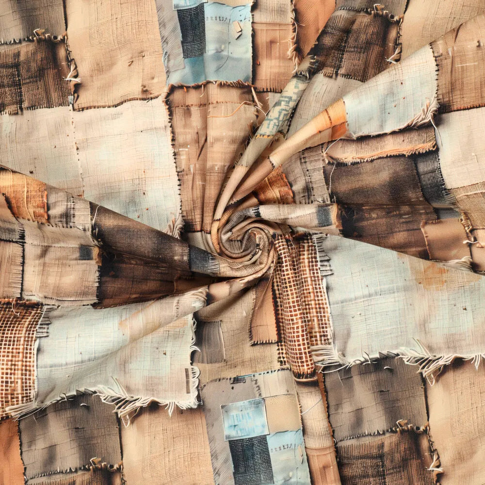 'tea washed patchwork' printed stretch cotton denim, Oeko-Tex cert