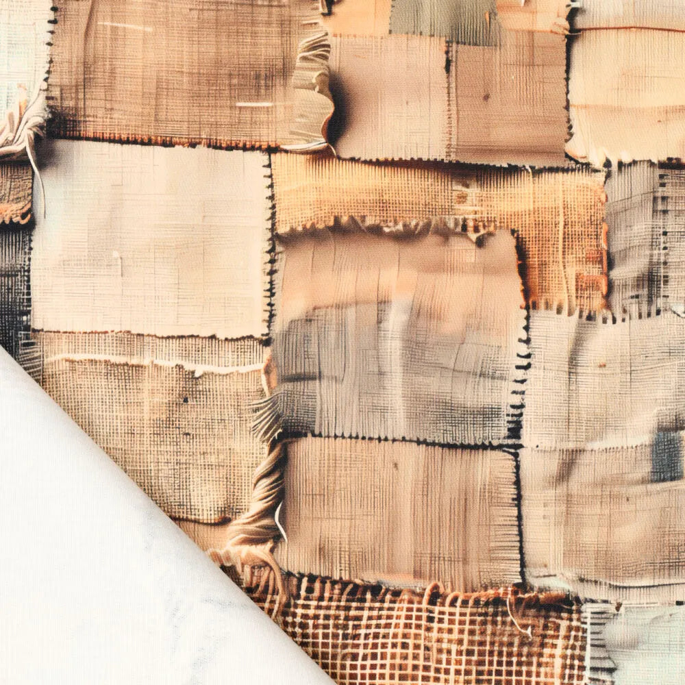 'tea washed patchwork' printed stretch cotton denim, Oeko-Tex cert