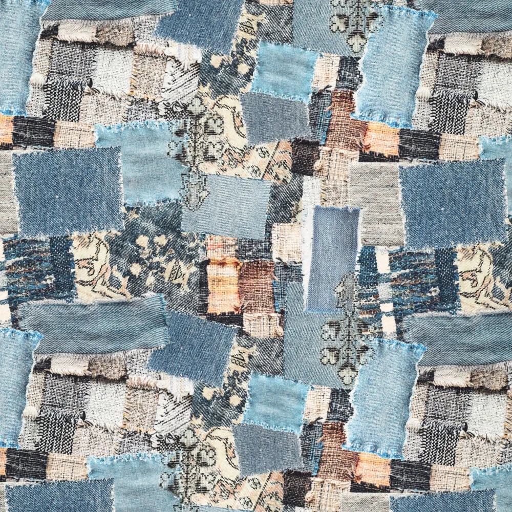 'denim patchwork' printed stretch cotton denim, Oeko-Tex cert