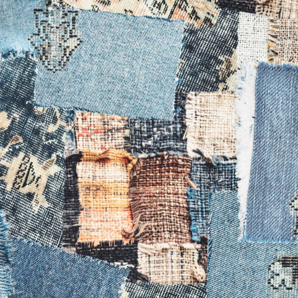 'denim patchwork' printed stretch cotton denim, Oeko-Tex cert