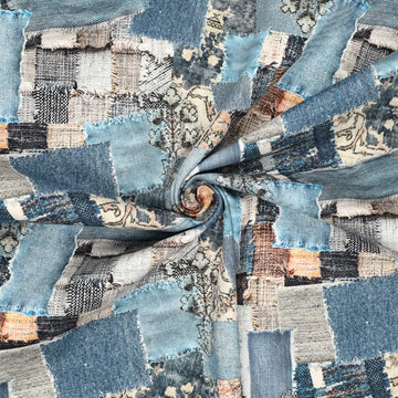 'denim patchwork' printed stretch cotton denim, Oeko-Tex cert