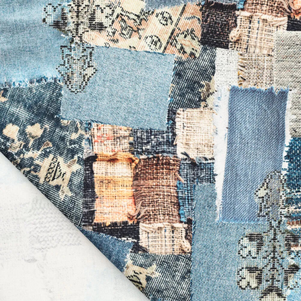 'denim patchwork' printed stretch cotton denim, Oeko-Tex cert
