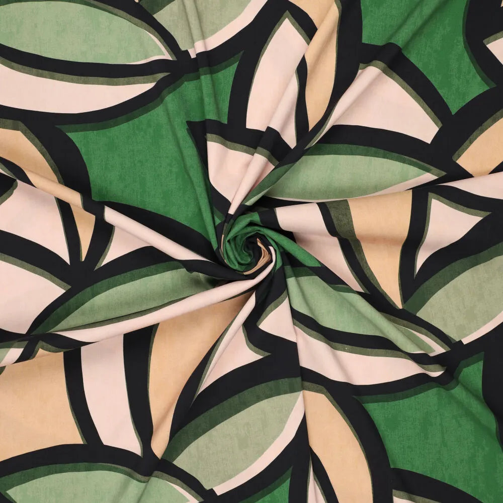 'abstract leaves' stretch viscose poplin - green