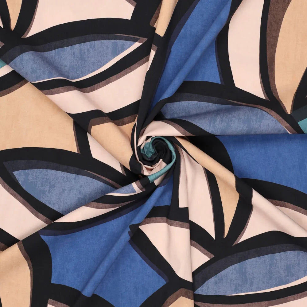 'abstract leaves' stretch viscose poplin - blue