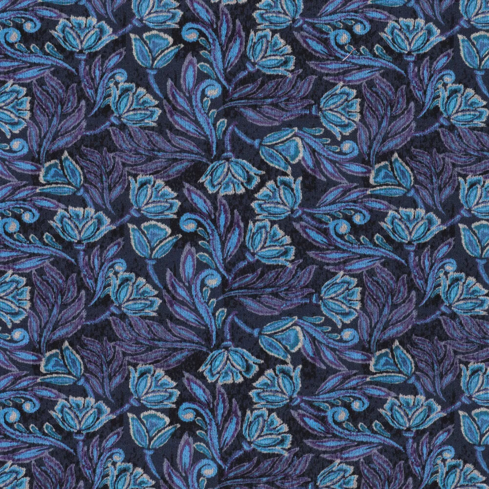 'block print floral' drapey viscose blend doubleknit, Oeko-Tex cert. - blue