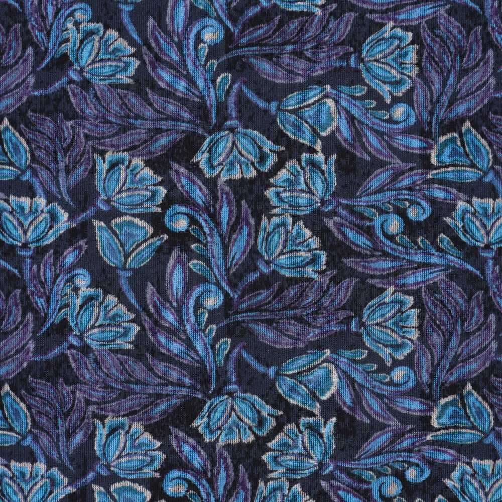'block print floral' drapey viscose blend doubleknit, Oeko-Tex cert. - blue