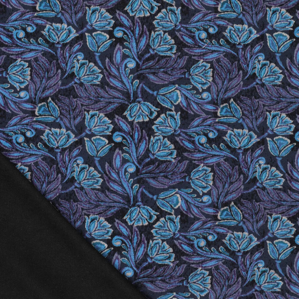 'block print floral' drapey viscose blend doubleknit, Oeko-Tex cert. - blue