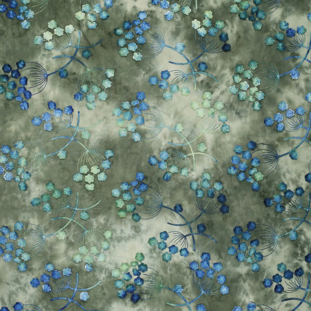 'forest florals' embroidered cotton pin wale corduroy - green
