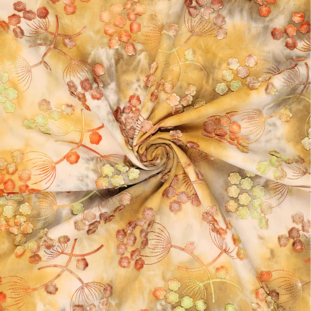 'forest florals' embroidered cotton pin wale corduroy - goldenrod