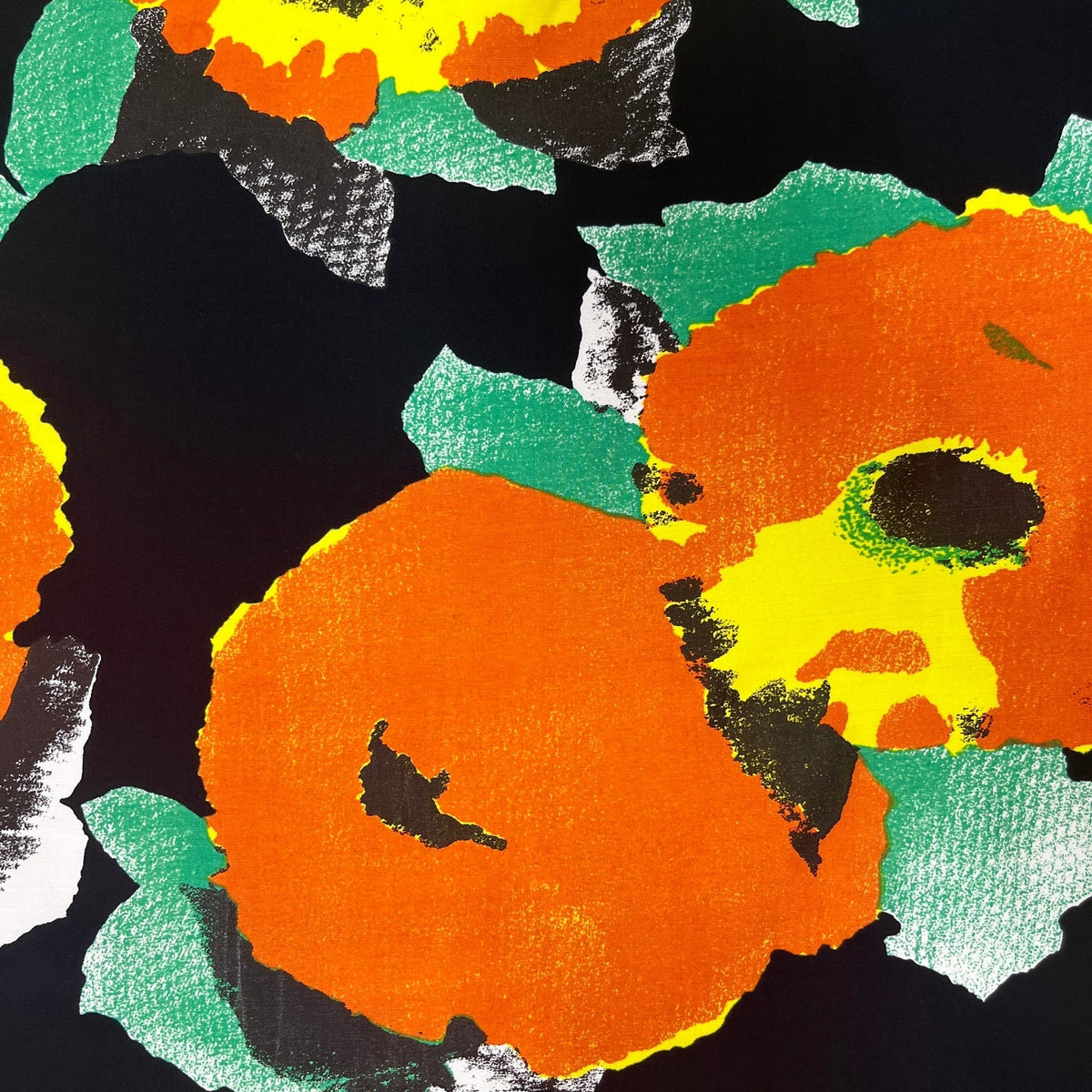 viscose crepe, dressweight woven 'blooms on black'
