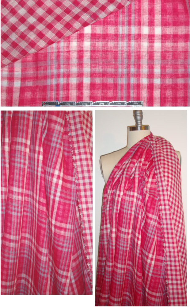 French 2-ply cotton gauzy plaid - pink/blue