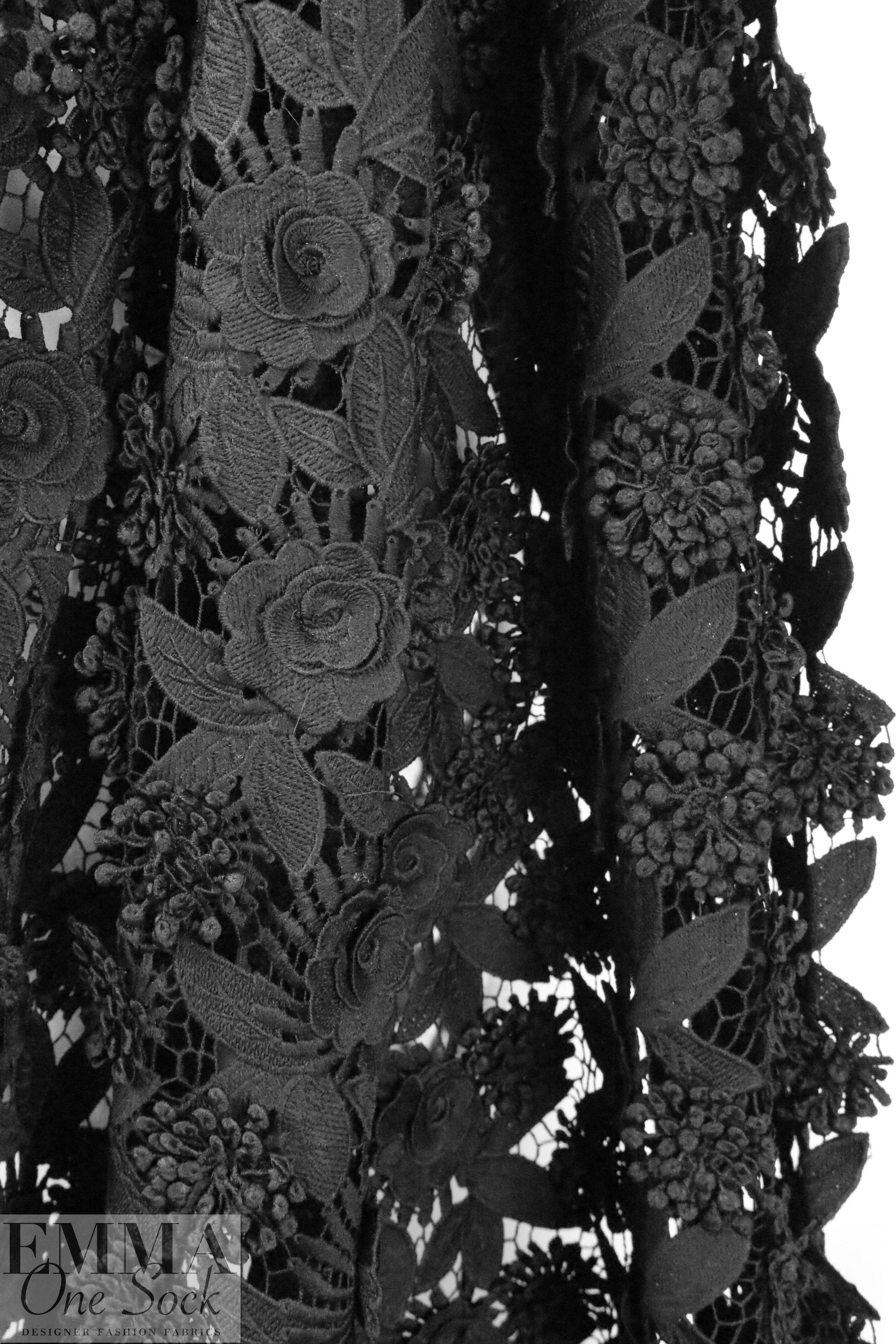 CA designer fancy 3-D floral guipure lace - jet black 1.75 yd