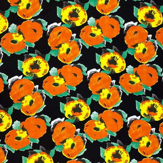 viscose crepe, dressweight woven 'blooms on black'