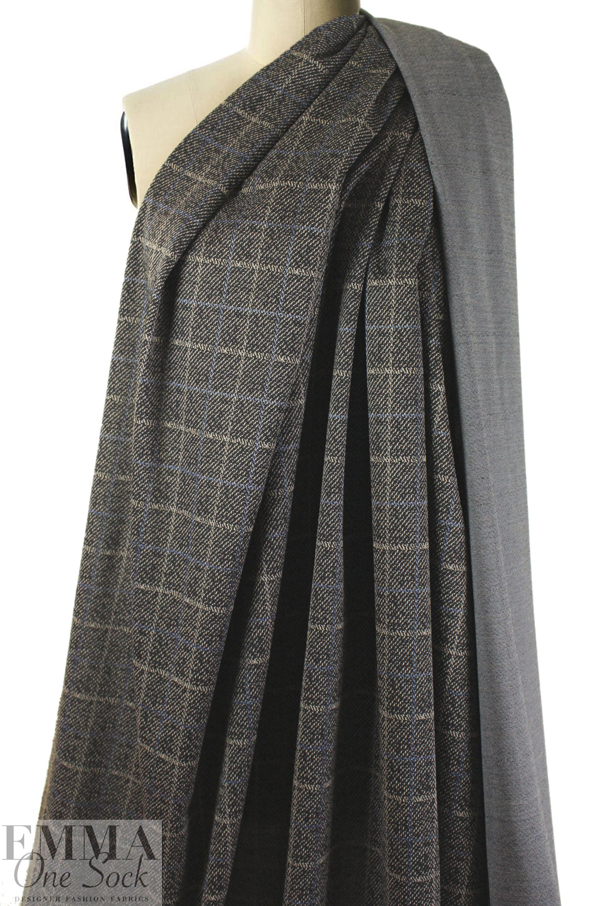 blue/black/ecru window plaid ponte doubleknit 1.75 yds