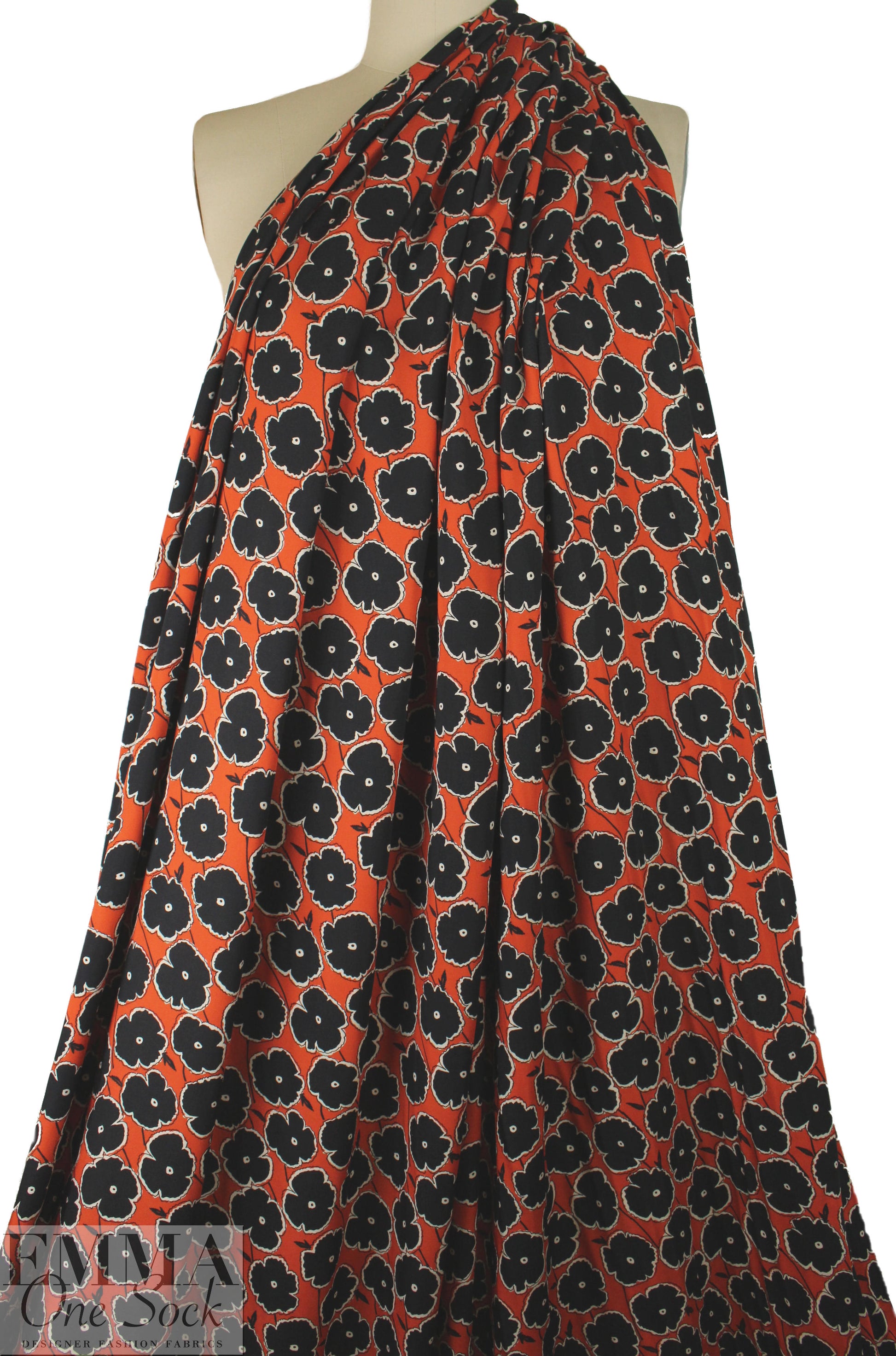 Italian black/hot orange stylized flowers viscose challis