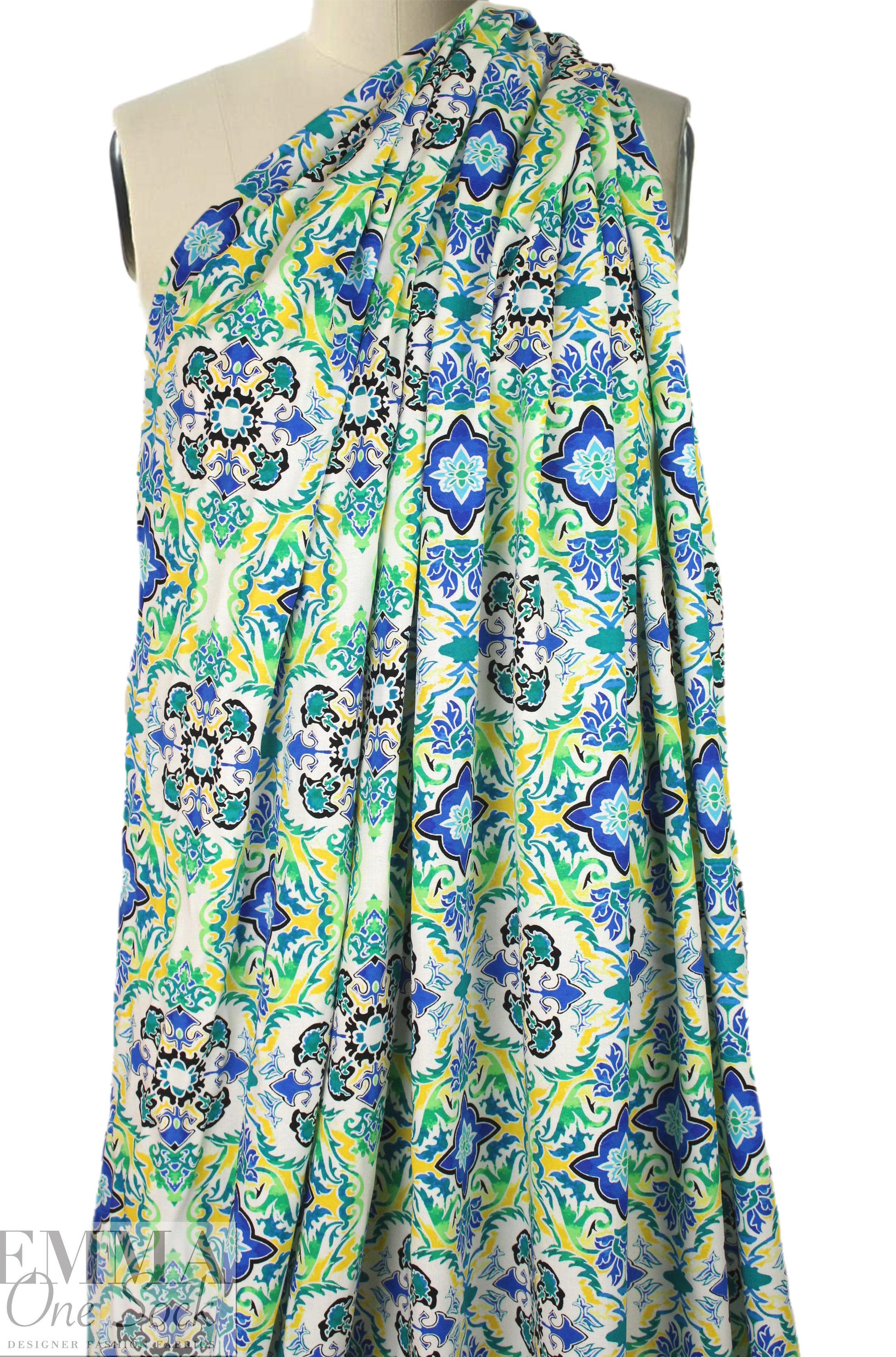 CA designer medallion viscose challis - blue/green 1.625 yd
