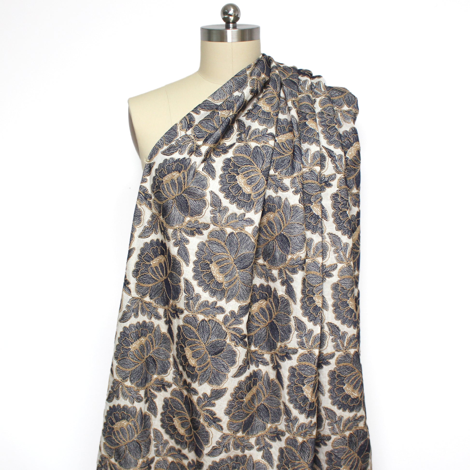 'cabbage rose' embroidered dressweight canvas - soft black on natural