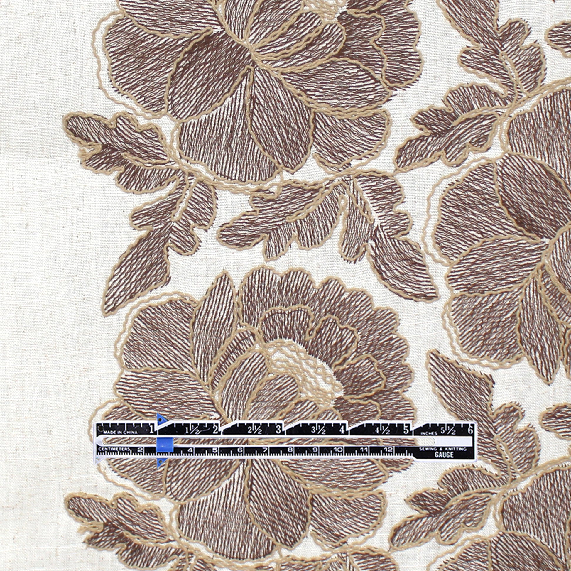 'cabbage rose' embroidered dressweight canvas - chestnut on natural