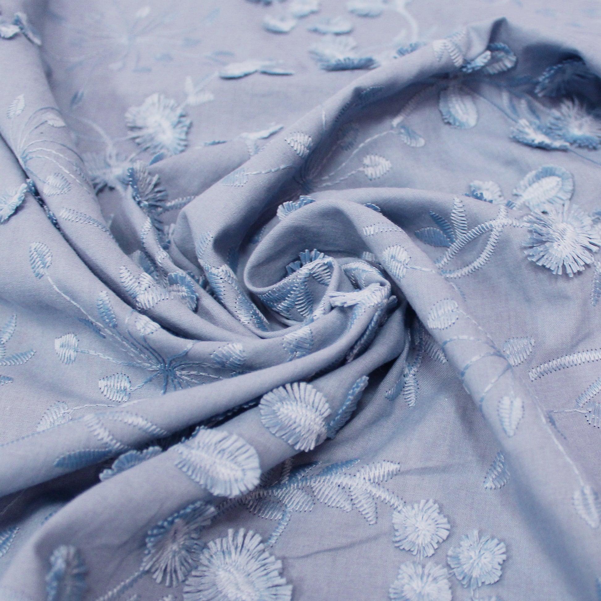 'zinnias' embroidered cotton voile - dusky blue
