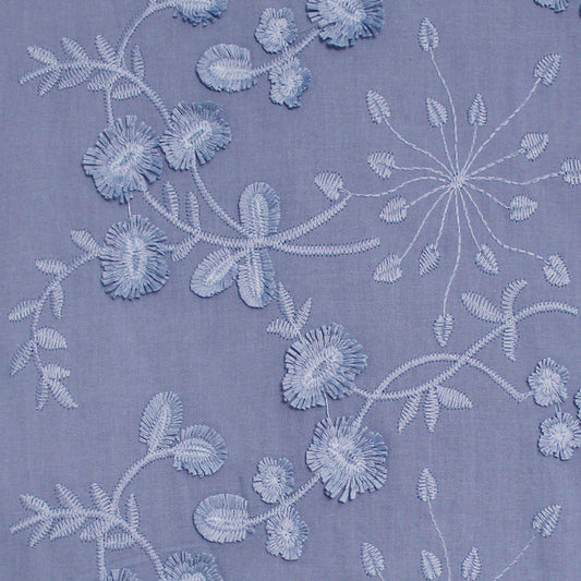 'zinnias' embroidered cotton voile - dusky blue