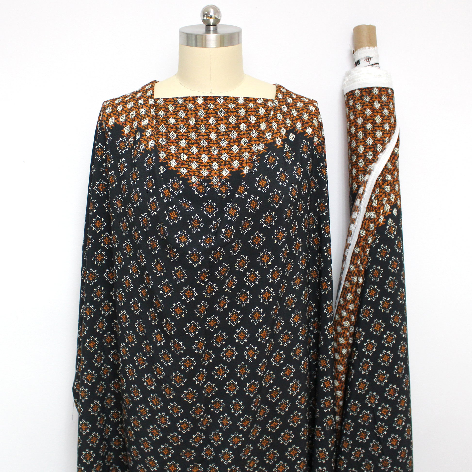 Italian 'boho medallion' viscose crepe border print