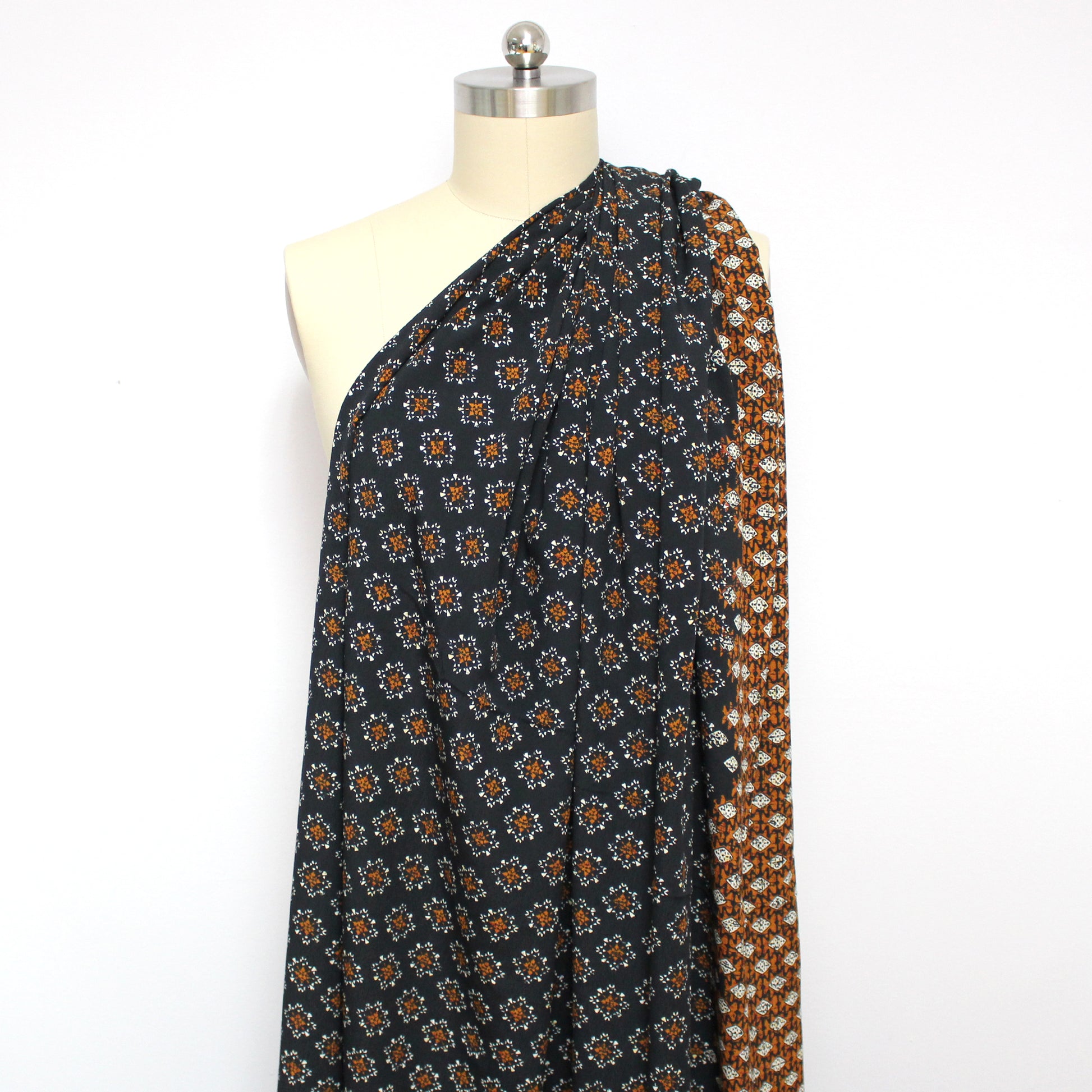 Italian 'boho medallion' viscose crepe border print