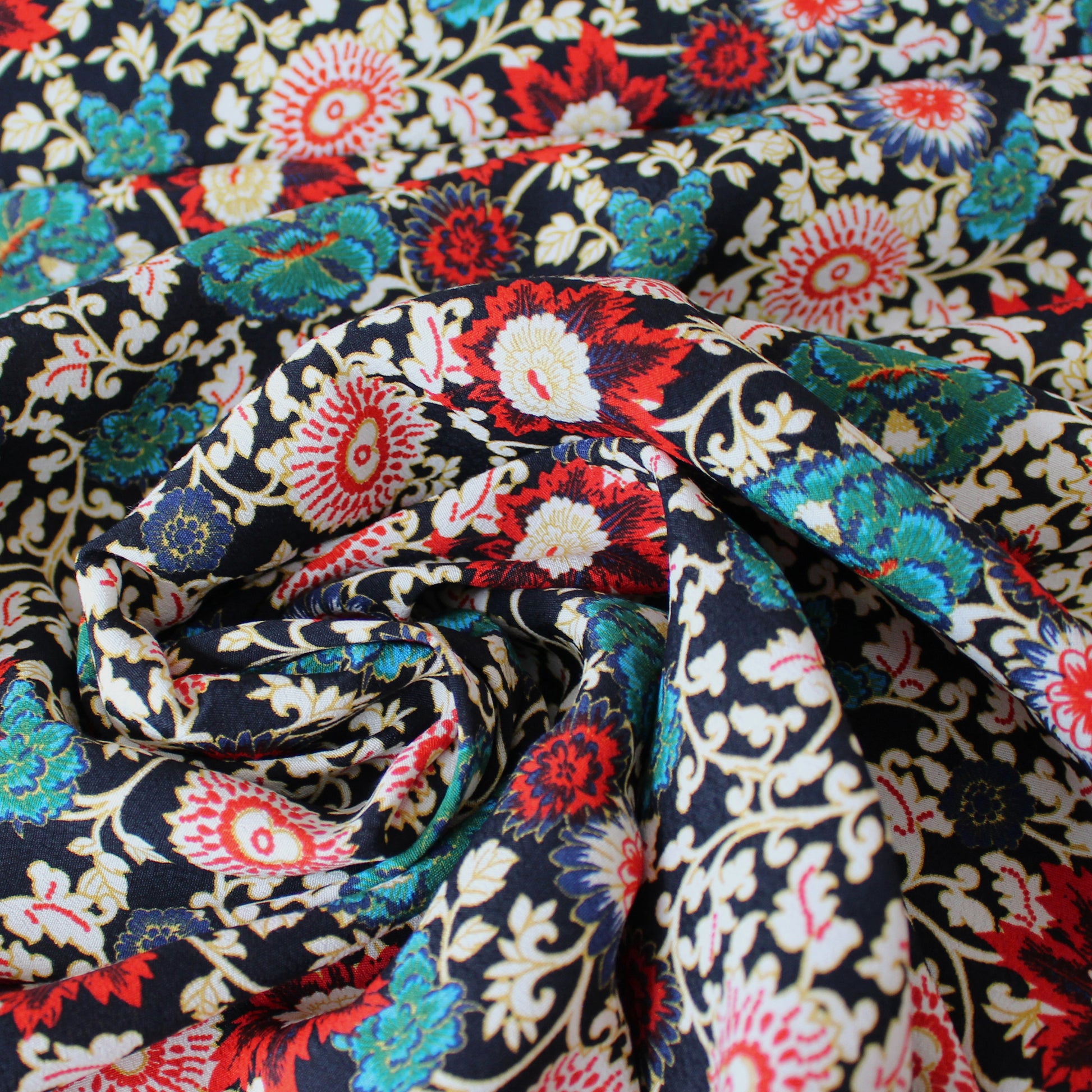 Italian floral viscose crepe woven - crimson/teal/black