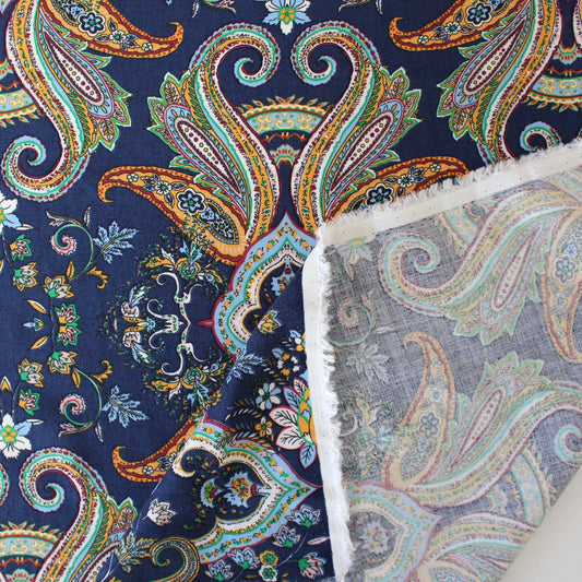 Italian 'indigo paisley" drapey viscose twill